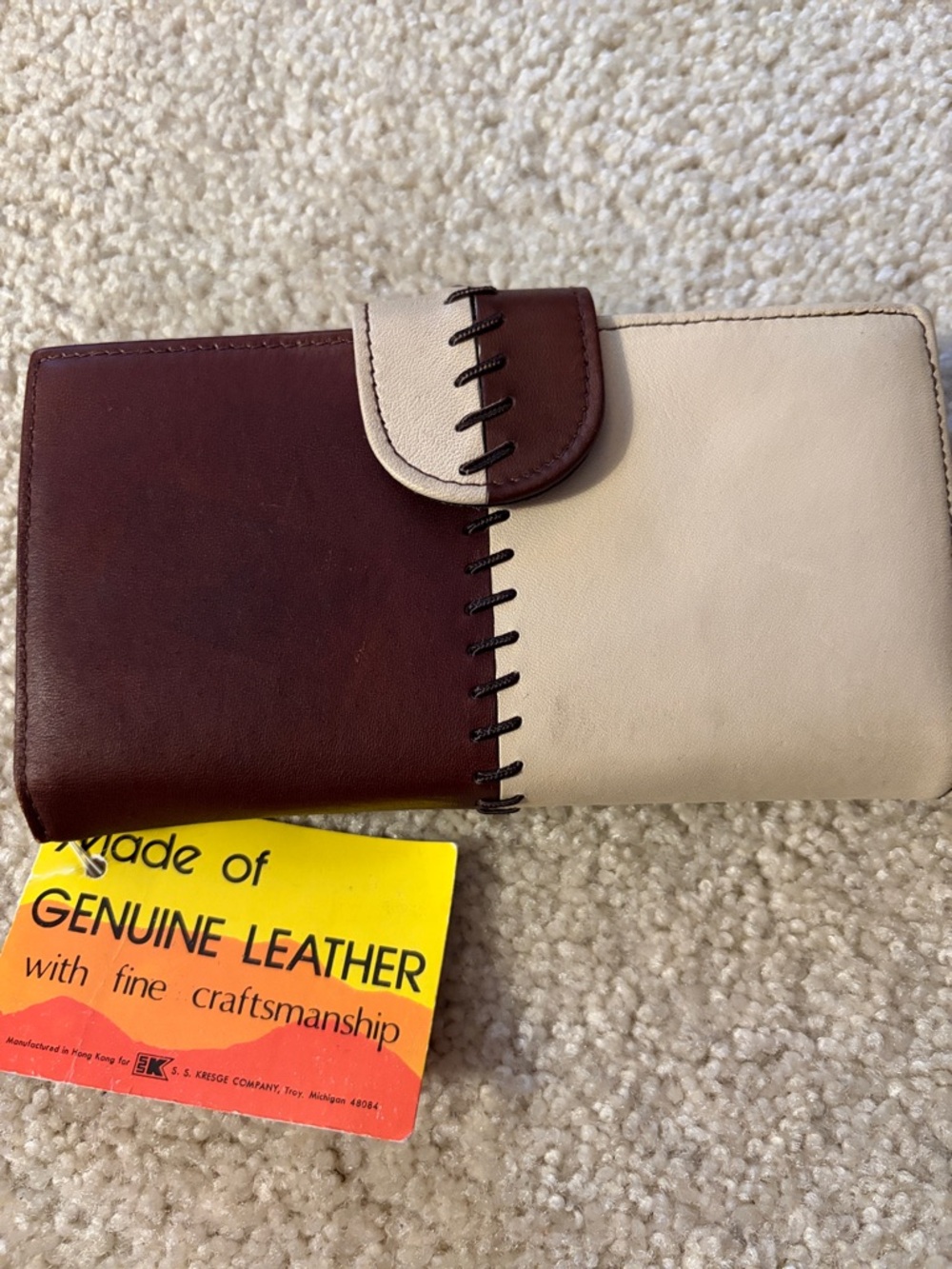 S. S. Kresge Vintage Two-Tone Leather Wallet - Cream and Dark Brown - NWT